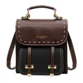 Vintage brown and black contrast leather backpack with top handle and gold hardware - Black