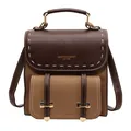 Vintage two-tone brown PU leather backpack with gold hardware, white stitching, and handle - Khaki