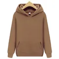 Cozy fleece-lined solid brown hoodie in European size with a front kangaroo pocket - S / Tops / Coffee