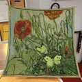 Artistic 90x90cm square silk scarf with green oil painting poppy and butterfly design. - Oil Painting Series #22