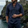 Men's medieval retro linen lace-up Henley shirt in navy blue, outdoor castle view - Navy Blue