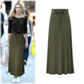 Elegant olive green high waisted maxi skirt featuring a side slit and drawstring waist - XL / Army Green