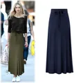 Elegant high-waisted midi pencil skirt with drawstring waist and side slit detail - M / Dark Blue