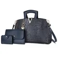 Elegant navy blue crocodile pattern 3-piece handbag set with gold-toned V hardware - Blue 3-Piece Set