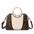 Vintage beige and brown leather texture handbag with embossed floral patterns for women - Beige