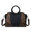 Retro black handbag with vintage embossed bronze floral patterns and round handle - Black