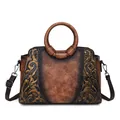 Vintage brown embossed leather handbag with round top handles and strap - Yellow Brown