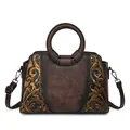 Retro style brown leather crossbody handbag with embossed golden floral patterns - Coffee