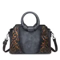 Vintage leather texture handbag with bronze floral embossing in grey - Gray