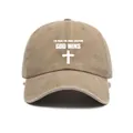 Detail of washed khaki baseball cap with white cross and God Wins religious print text - One Size / Khaki