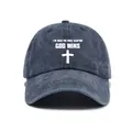 Washed denim baseball cap featuring God Wins text and a white cross symbol print - One Size / Navy Blue