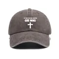 Detail view of God Wins slogan and cross embroidery on a washed gray cotton baseball cap - One Size / Coffee