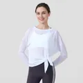 Breathable white slub yarn yoga cover-up, loose long sleeve fitness top for women - S/M / White