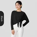 Black lightweight slub yarn yoga top with front knot design for fitness and Pilates - Black