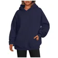 Close-up of navy blue oversized women's hoodie with a functional front pocket. - Navy Blue