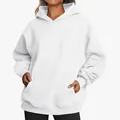Detailed view of white oversized women's hoodie with a soft texture and pocket - White