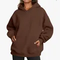 Oversized brown women's hooded sweatshirt with functional front pouch pocket detail - Coffee