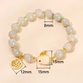 Natural jade beaded bracelet with rabbit charm and gold Fu pendant - Natural Shetaicui Jade Rabbit Style