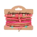 Detailed view of 8pcs Bohemian elastic seed bead bracelet set with pink and turquoise beads - Rose Red
