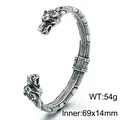 Vintage stainless steel Viking wolf head cuff bracelet featuring intricate carving details - Full Totem Double Wolf Heads Style (KB214304-LU) / Inner Diameter Approx 69x14mm / Antique Silver