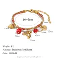 Detailed view of colorful woven rope bracelet with gold-plated heart and bow charms and dimensions - Bow Heart Artificial Pearl Style (B0848) / Gold