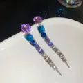 Macro view of elegant gradient round crystal tassel earrings with sparkling rhinestones - Silver Earring Post - Purple - Blue