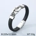 Black braided leather men's bracelet featuring a heavy interlocking stainless steel knot - Vintage Embossed Infinity Knot Style (KB46722-D) / 225x12.5mm