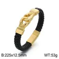 Men's black braided leather bracelet with gold-plated interlocking stainless steel clasp - Golden Double Ring Link Style (KB47342-D) / 225x12.5mm