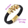 Braided black leather men's bracelet featuring three golden skulls and a magnetic clasp - Golden Three Skulls Style (KB62001-BD) / 220x11mm