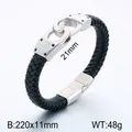 Braided black leather bracelet with steel handcuff centerpiece and magnetic clasp - Silver Handcuff Design Style (KB68862-BD)