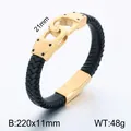 Premium black braided leather bracelet with gold-tone stainless steel handcuff link clasp - Golden Handcuff Design Style (KB68863-BD)