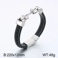 Men's braided black leather bracelet with silver-tone stainless steel magnetic clasp - Silver Double Line Braided Style (KB80840-BD)