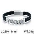 Men's woven black leather bracelet with stainless steel link, 220x11mm size, 34g weight - Cuban Link Decorated Braided Style (KB87979-BD)