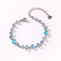 Adjustable stainless steel bracelet with multifaceted sea blue zircons and heart tag - Mixed Faceted Aquamarine Zirconia (Style 6)