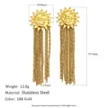 SKU variant of bohemian 18K gold plated stainless steel sun moon tassel drop earrings - Sun and Moon Embossed Long Chain Tassel Style (E8367) / Gold