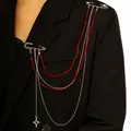 Close-up detail of layered red crystal bead and silver chain tassel brooch pin on a blazer - 01 White K Red (5230)