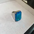 Retro silver ring featuring a large rectangular blue gemstone with exquisite facet details - Silver-Blue