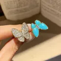 Eleganter verstellbarer Ring mit Zirkonia-Pavé und Schmetterlingen im Türkis-Stil - VCA Doppel-Schmetterling-Stil (13#) / Gold Blau