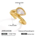 Detailed view of gold stainless steel ring with pear-shaped zircon and measurements - Ribbed Bezel Open Ring (JDR0104338)