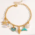 Gold-tone ocean charm bracelet with blue mermaid tail and starfish motifs - Blue Style (DZ-079) / Blue