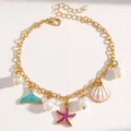 Gold-plated chain bracelet featuring colorful starfish shell and pearl charms for summer - Pink Style (DZ-171) / Pink