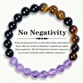 Detailed view of triple protection bracelet with tiger eye, amethyst and black stones. - No Negativity