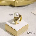Vintage 18k gold plated pearl ring with rhinestones and Greek key pattern detailing - Wide Band Large Pearl Style (KR31965-K)