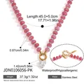 Detailed view of pink natural stone beaded necklace with heart pendant and dimensions - Natural Stone Beaded Necklace (JDN0106056-PK) / 45+5cm / Pink