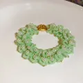 Exquisite close-up of hand-woven light green glass beads and elegant pearl bracelet details - 81# 3D Flower Cluster Style / Gold-Green