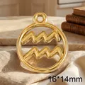 Gold stainless steel circular Aquarius zodiac pendant for jewelry making, 16x14mm - Aquarius / Silver