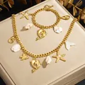 Parure de bijoux marins en acier inoxydable doré avec charms dauphin et étoile de mer - N4423 B2200 Ensemble Collier et Bracelet