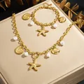Ensemble bijoux en acier doré avec breloques océaniques étoile de mer et perles - N4425 B2202 Ensemble Collier et Bracelet