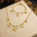 Parure collier et bracelet en acier inoxydable doré avec étoiles de mer et perles femme - N4426 B2203 Ensemble Collier et Bracelet