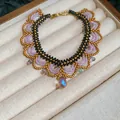 Detail of handmade beaded necklace with lavender accents and iridescent crystal pendant. - Bracelet (HN11516) / Black Purple Coffee
